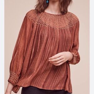 LOVE SAM Anthropologie Metallic Gauze Peasant Blouse Dusty Rose Size S